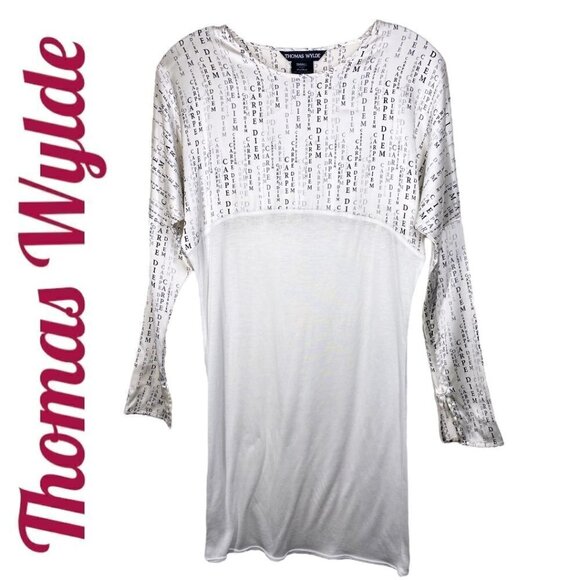 THOMAS WYLDE Carpe Diem Graphic Bateau Neckline Long Sleeve White Mini Dress, S - Picture 14 of 15